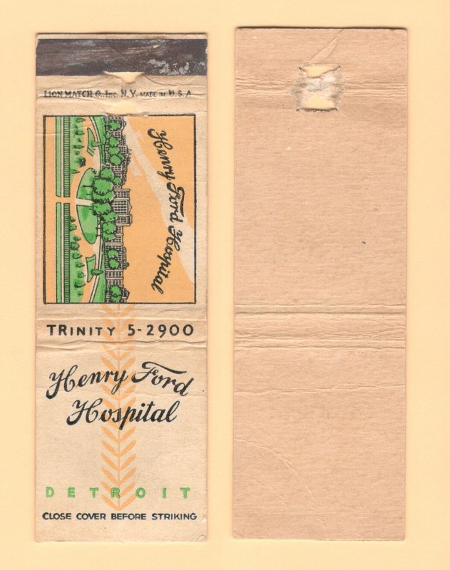 HENRY FORD HOSPITAL { Phone TRINITY 5-2900 } DETROIT MICH MATCHBOOK COVER