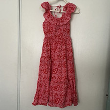 J.CREW Red Pink Floral A-Line Midi Dress Scoop Neck Sleeveless Ruffle Size 2