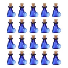 20 Pcs Small Tilted Heart Mini Glass Bottles Jars with Cork Stopper, Blue