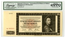 Bohemia&Moravia. National Bank, 1942. 500 Korun, P-12s, Specimen. LCG GN 65PPQ
