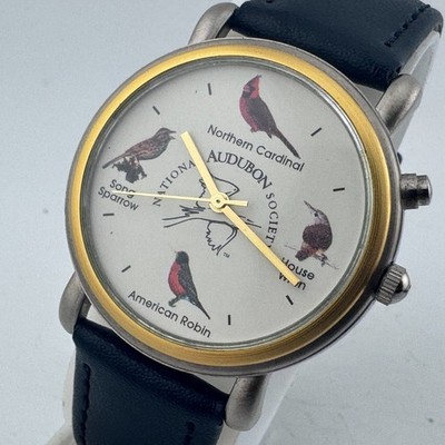 Nat'l Audubon Quartz Watch Men Dual Tone Leather Playing Bird Sound New Battery