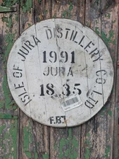 Lovely 1991 Jura Whisky Barrel lid 21" wide, ready to hang