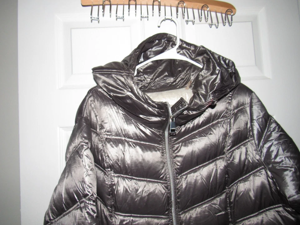 CALVIN KLEIN Mujer 1X Abrigo Largo Relleno Puffer Chaqueta Con Capucha Gris Excellen Foto 2 de 4