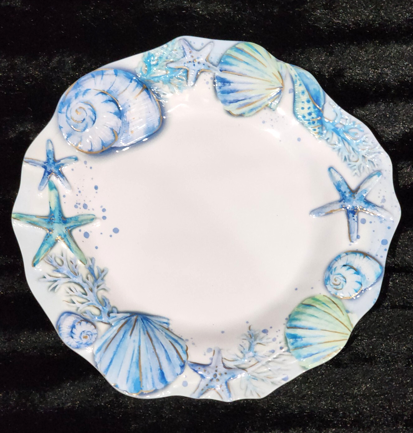 4 Blue White Seashell Starfish Melamine Dinner Plates 11" Co