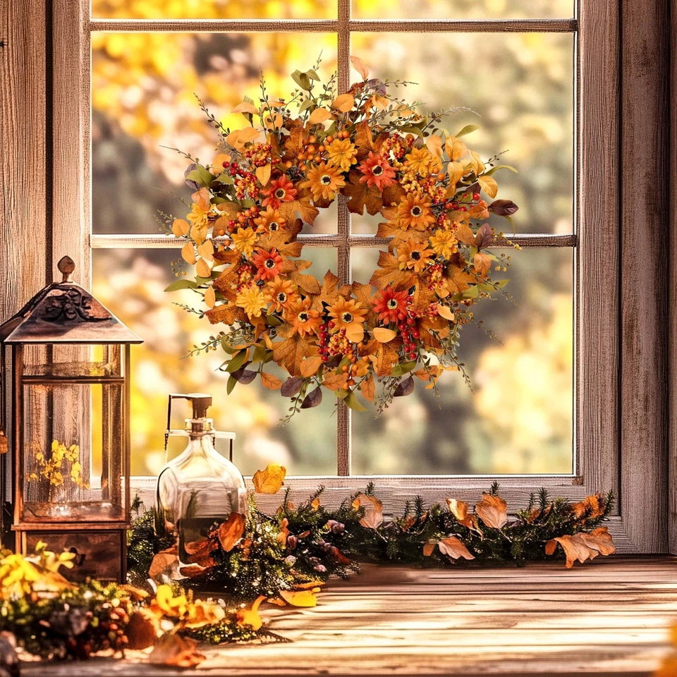 Artificial Fall Wreath 22 Inch Fall Wreaths for Front Door with Orange Berrie... - Image 4 of 4