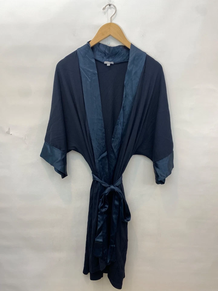 PJ Harlow Shala ребро вязаный халат карманы атласная отделка темно-синий женский размер XS/S - Изображение 2 из 4