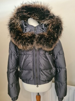 Ermanno Scervino Designer Womens Dark Grey Feather Down Jacket Size 40 Real Fur
