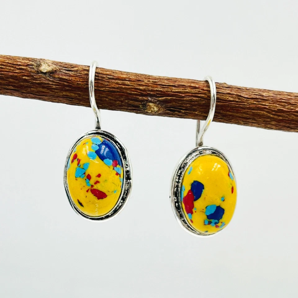 Pendientes colgantes de plata de ley 925 con mosaico natural de jaspe piedras preciosas Foto 4 de 4