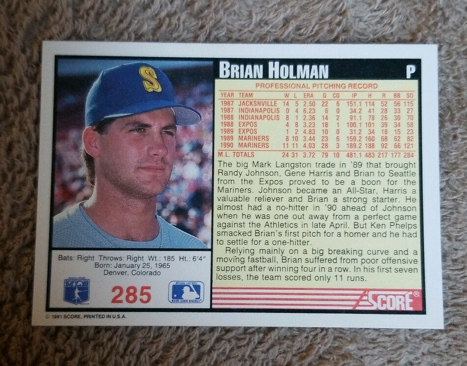 1991 Score Seattle Mariners Baseball Card 285 Brian Holman eBay