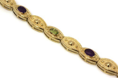 3 ctw Natural Purple Amethyst & Green Peridot Solid 14k Yellow Gold Bracelet 7" - Picture 2 of 10