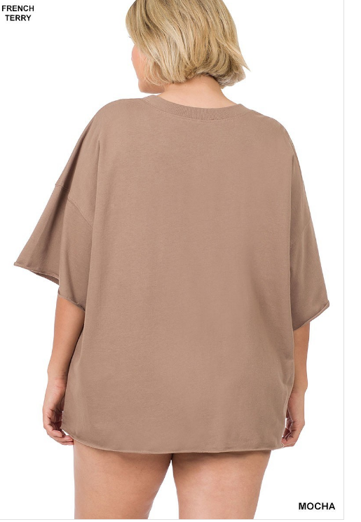 Zenana 3X French Terry Oversized Drop Shoulder Round Neck Raw Hem