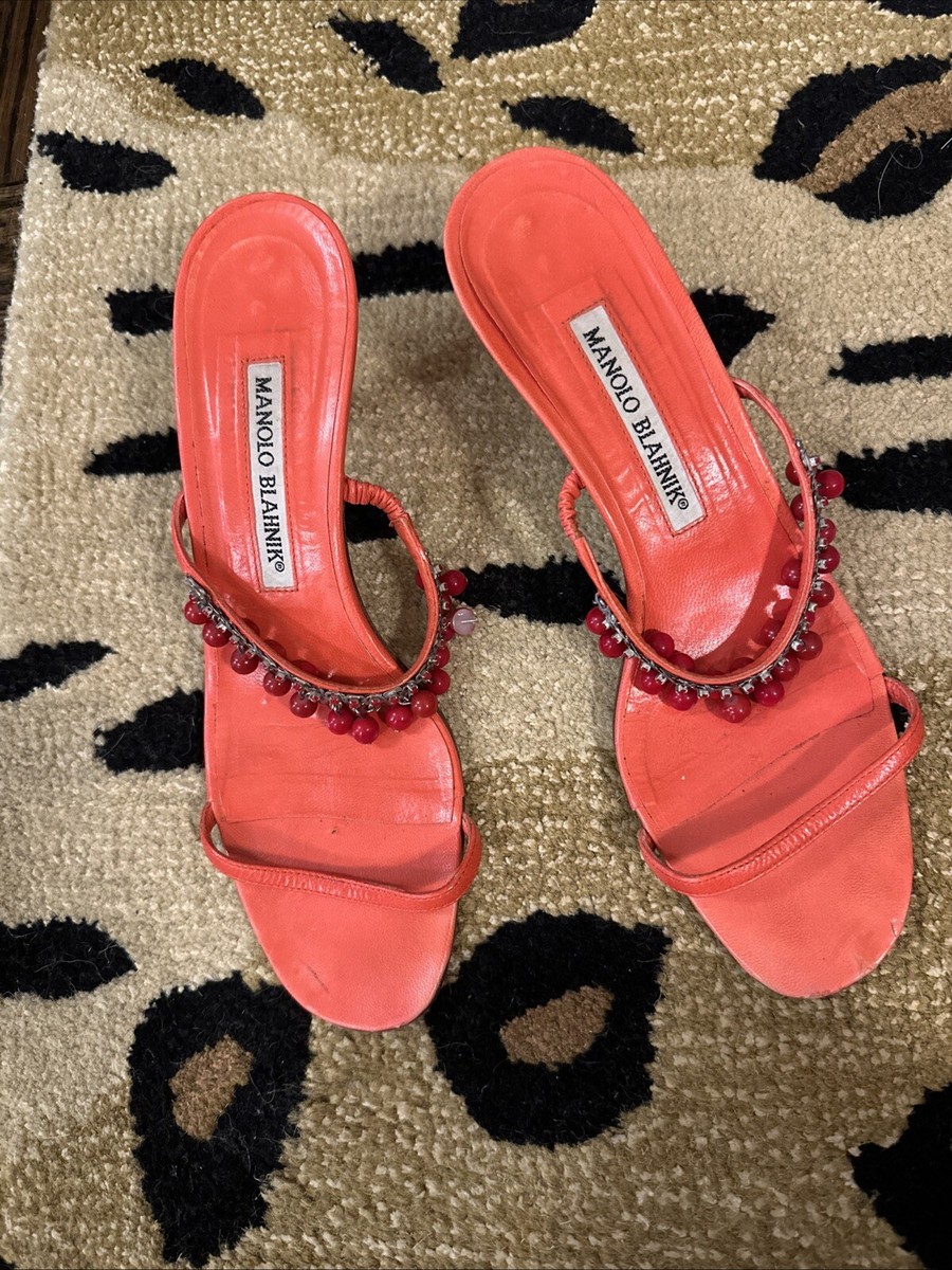 Vintage Manolo Blahnik Beaded Kitten Heel Coral Leather Slip On Thin  Strap