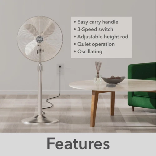 16" Brushed Nickel Retro Oscillating Pedestal Fan 3 Speed Adjustable Ventilation - Picture 4 of 9