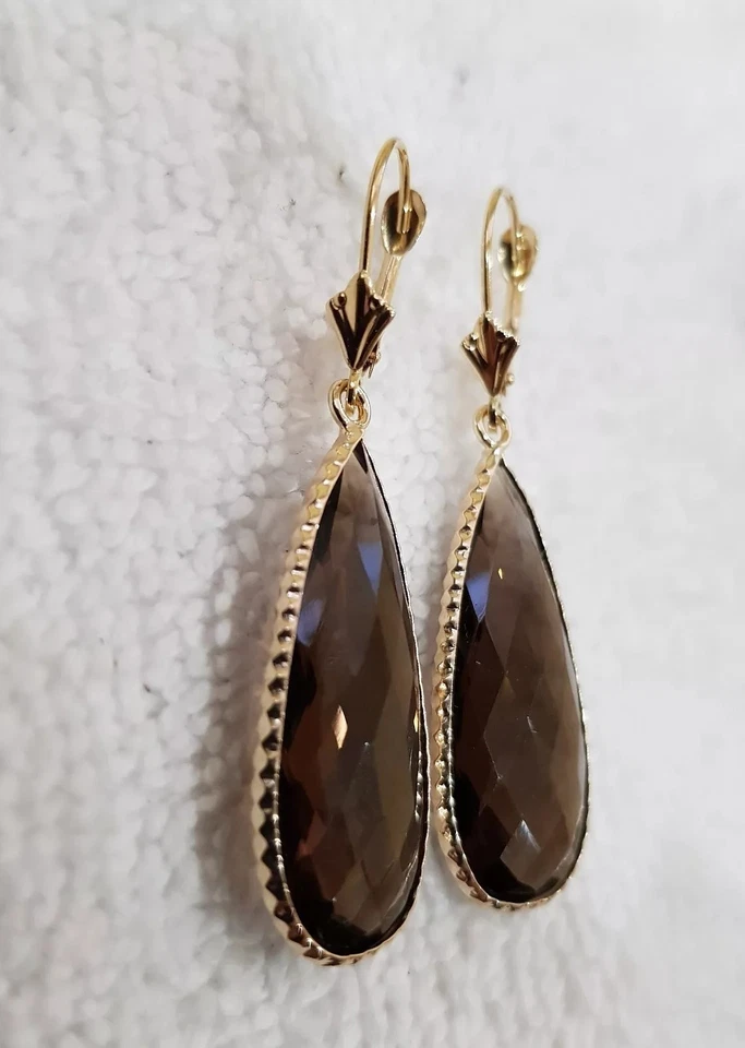 14K Yellow Gold Gemstones Dangling Earrings With Smoky, Leverback lock. - Image 2 of 4