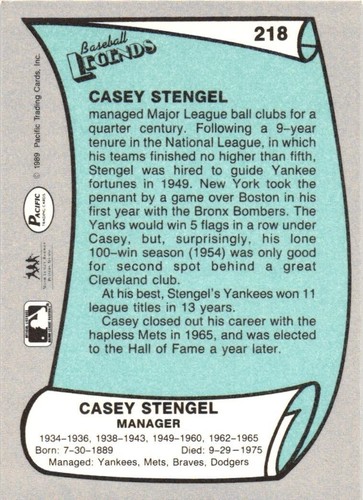 Casey Stengel 1989 Pacific New York Mets Baseball Trading Card - Bild 2 von 4