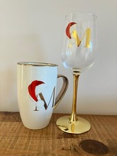 ALPHABET WINE GLASS & COFFEE/TEA MUG XMAS GOLD LETTER INITIAL M Never used