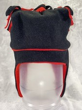 Fleece Baby Hat, Red  Black With Hook And Loop Neck Strap Size 12-18 Months.
