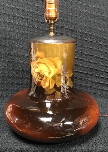 Large Antique Weller Louwelsa Yellow Rose Lamp 12" Pottery Art Stamped Base