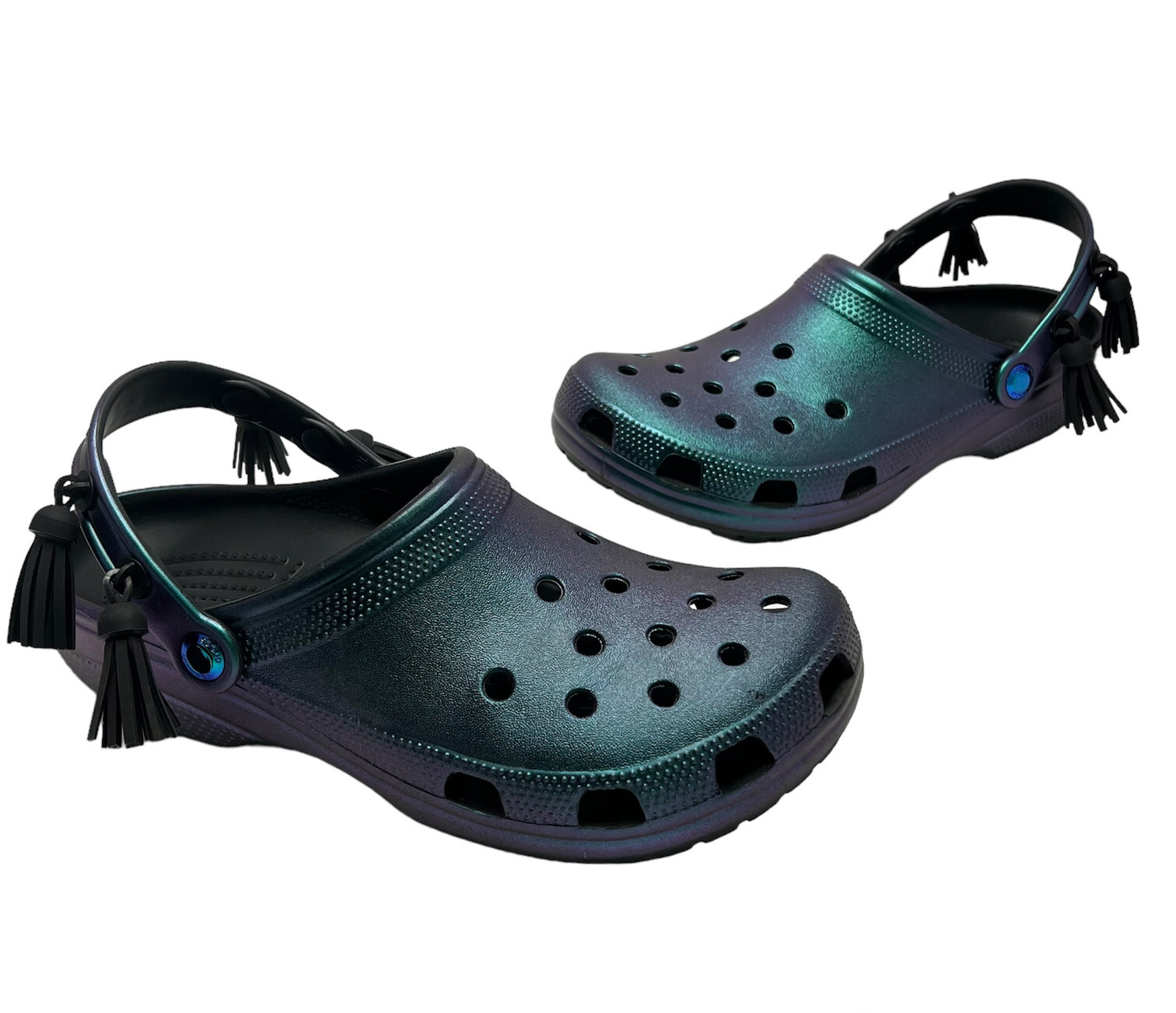 prismatic black iridescent crocs