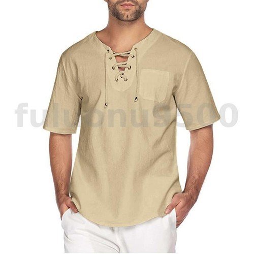 Camisas con cordones de lino de algodón de manga corta para hombres hippie suelto de playa de yoga camisa - Imagen 4 de 15