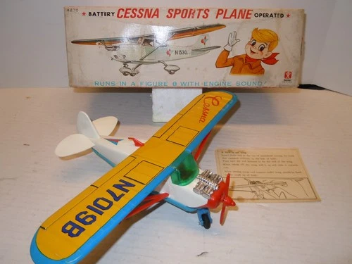 RARE 1960's BANDAI BATTERY OPERATED TIN & PLASTIC CESSNA PLANE  & BOX WORKING