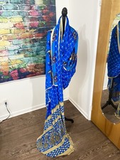 Indian / Pakistani Large Sari Saree Wrap Cloth Blue Gold w/ Peacocks 168"