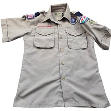 Boy Scouts of America Shirt Boys Medium Beige Button Up 100 Polyester Vented