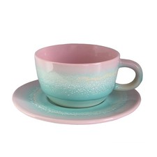 Pastel Ombre Ceramic Tea Cup & Saucer Set Pink & Green - 250ml Brand New & Boxed