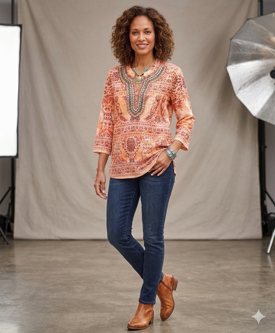 Charter Club Luxury Top Womens L Embellished Linen Beaded Tunic Art to wear boho