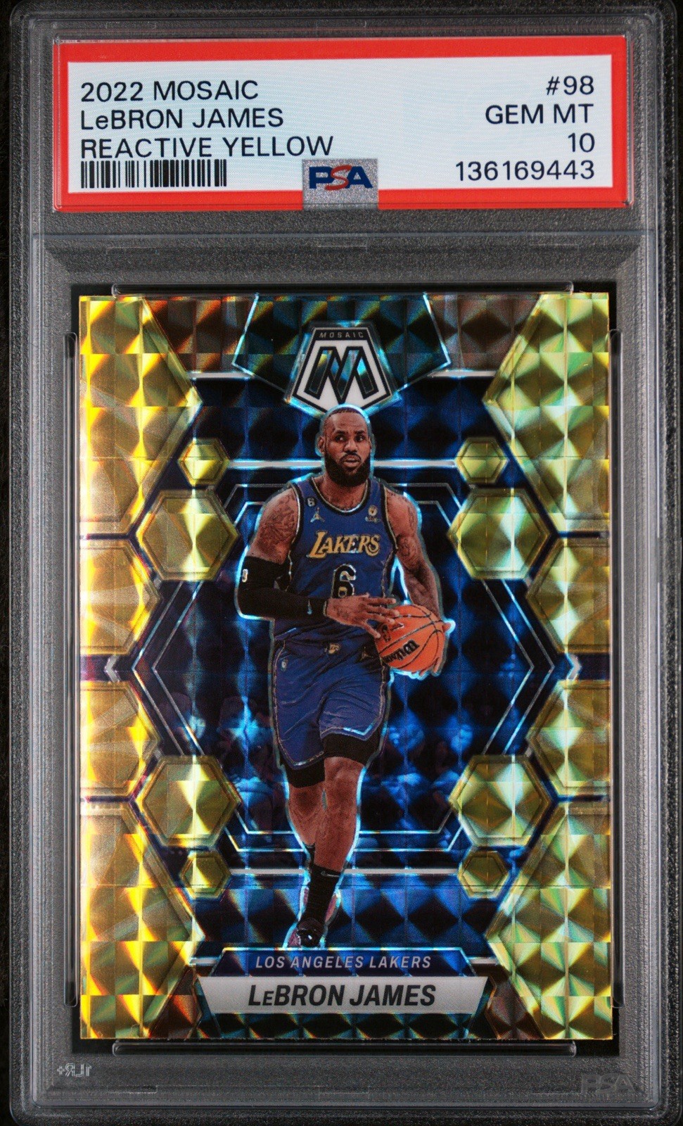 2022-23 Panini Mosaic - LeBron James #98 Reactive Yellow Prizm. PSA 10 GEM MT