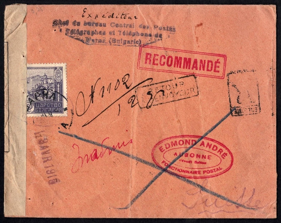 Bulgaria 1919 Registered Cover, Varna to Switzerland, Military Censor, Rare - Image 2 of 3
