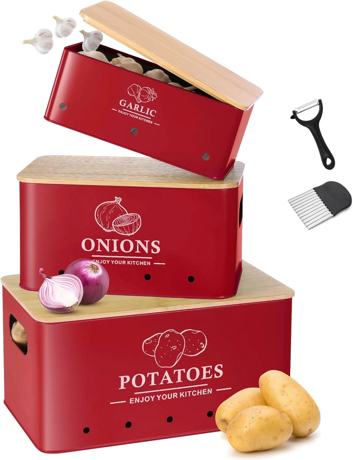 Kitchen Vegetable Storage Set of 3, Metal Onion Garlic Potato Storage Set, Kitch