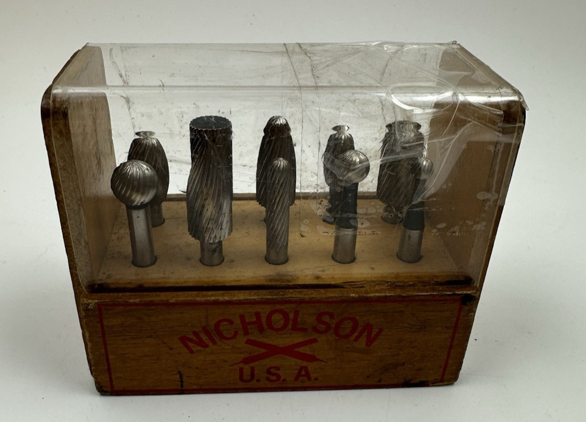 Vintage Nicholson USA Carbide Burr Rotary File Set 10 Pc Wood Block
