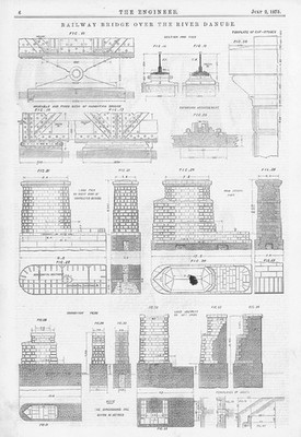ÖSTERREICH Nordwest Eisenbahnbrücke über die Donau 3x Ingenieurdrucke 1875