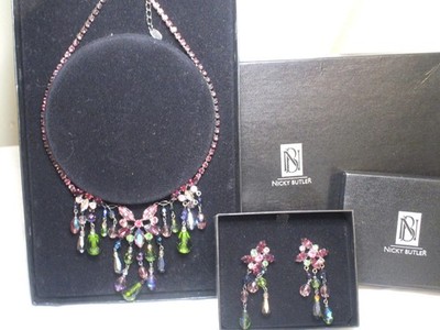 NICKY BUTLER Arora Borealis Rhinestone Chandelier Necklace & Matching Earrings