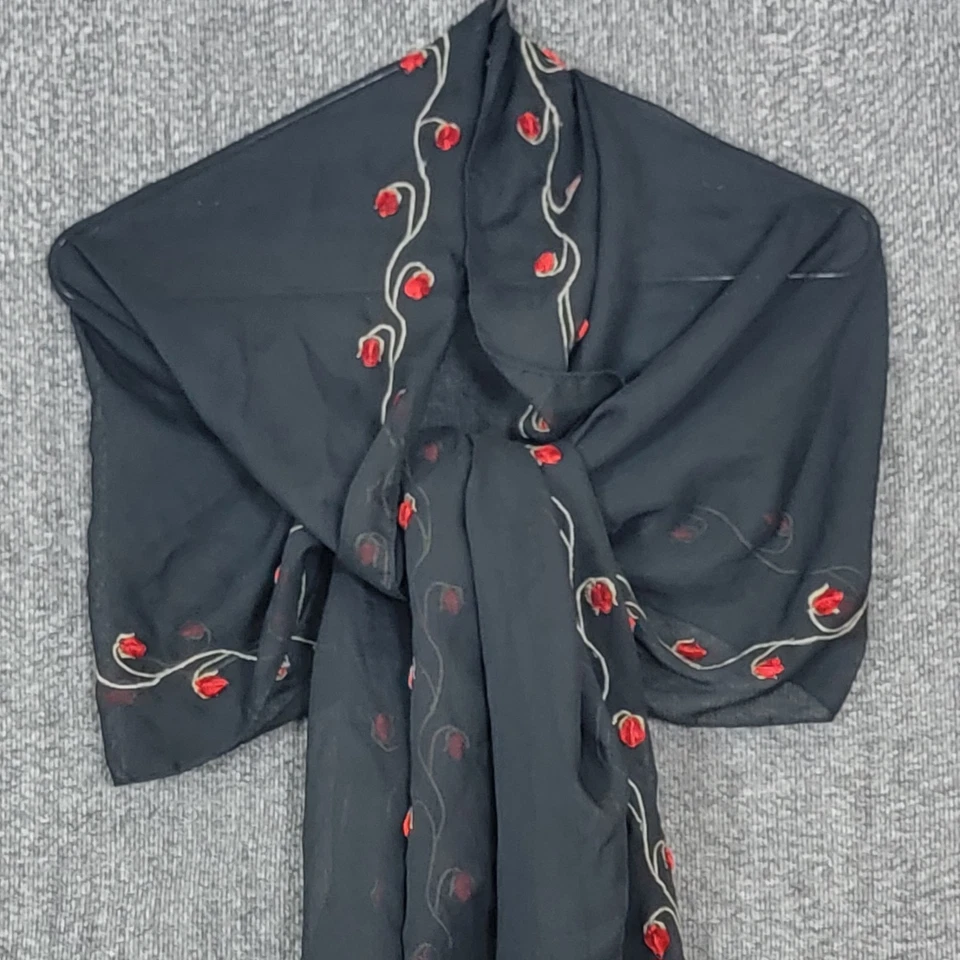 Bufanda envolvente Cejón para mujer negra de gasa transparente con rosas bordadas florales 70x20 Foto 3 de 4