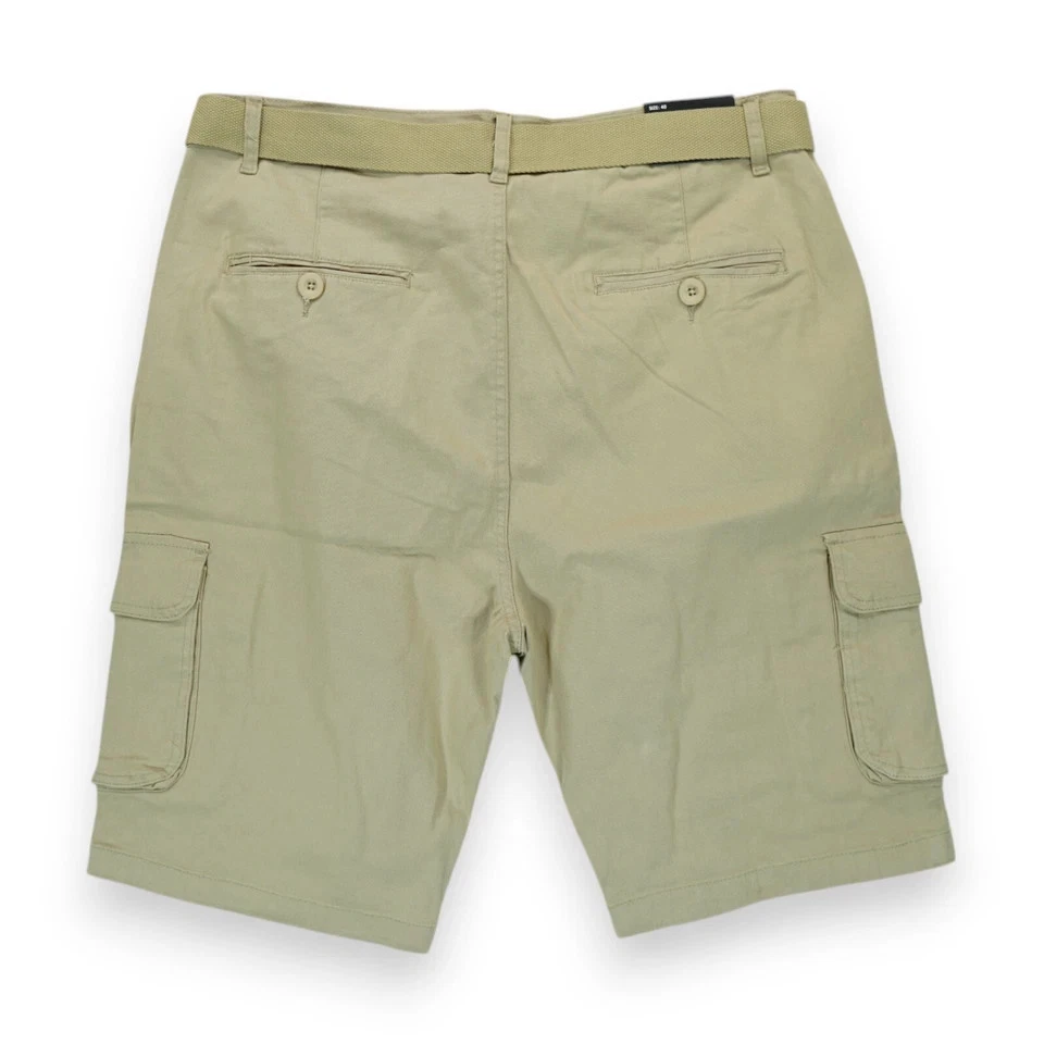 BLU ROCK NEW YORK MENS FLEX STRETCH BELTED CARGO SHORTS - SIZE: MEN 32 - KHAKI