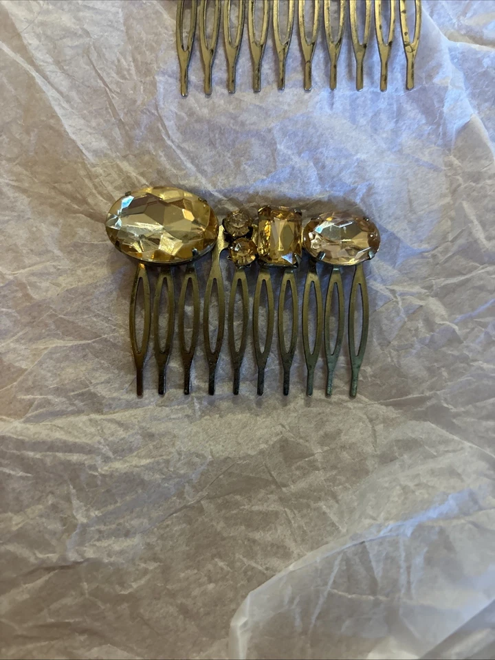 Vintage Metal Rhinestone Bridal Pair Hair Combs 1950-60’s Flat Brass Soldered - Image 3 of 4