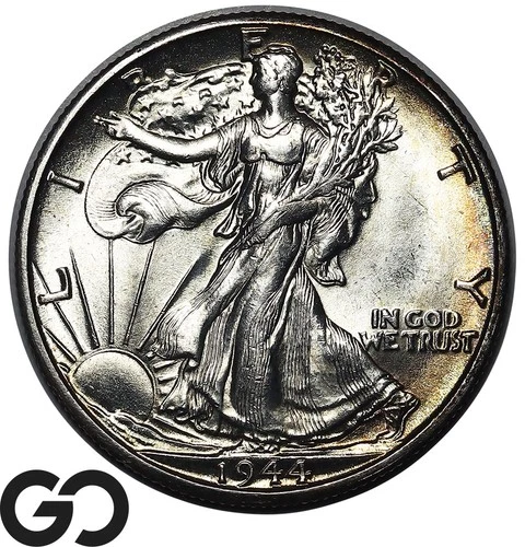 1944-D Walking Liberty Half Dollar Rim Toner, Nice Luster Solid Gem BU++
