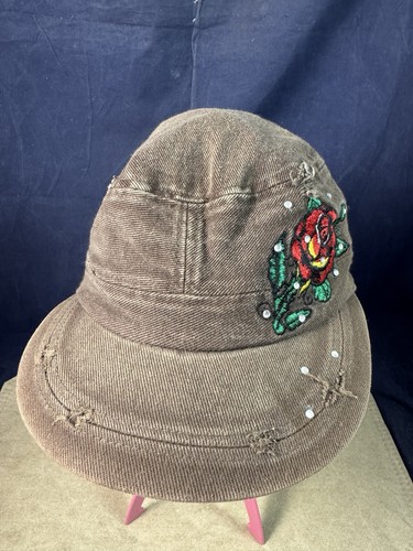 Cheveux Brown Distressed Rose Rhinestone Bucket Hat Women’s Medium