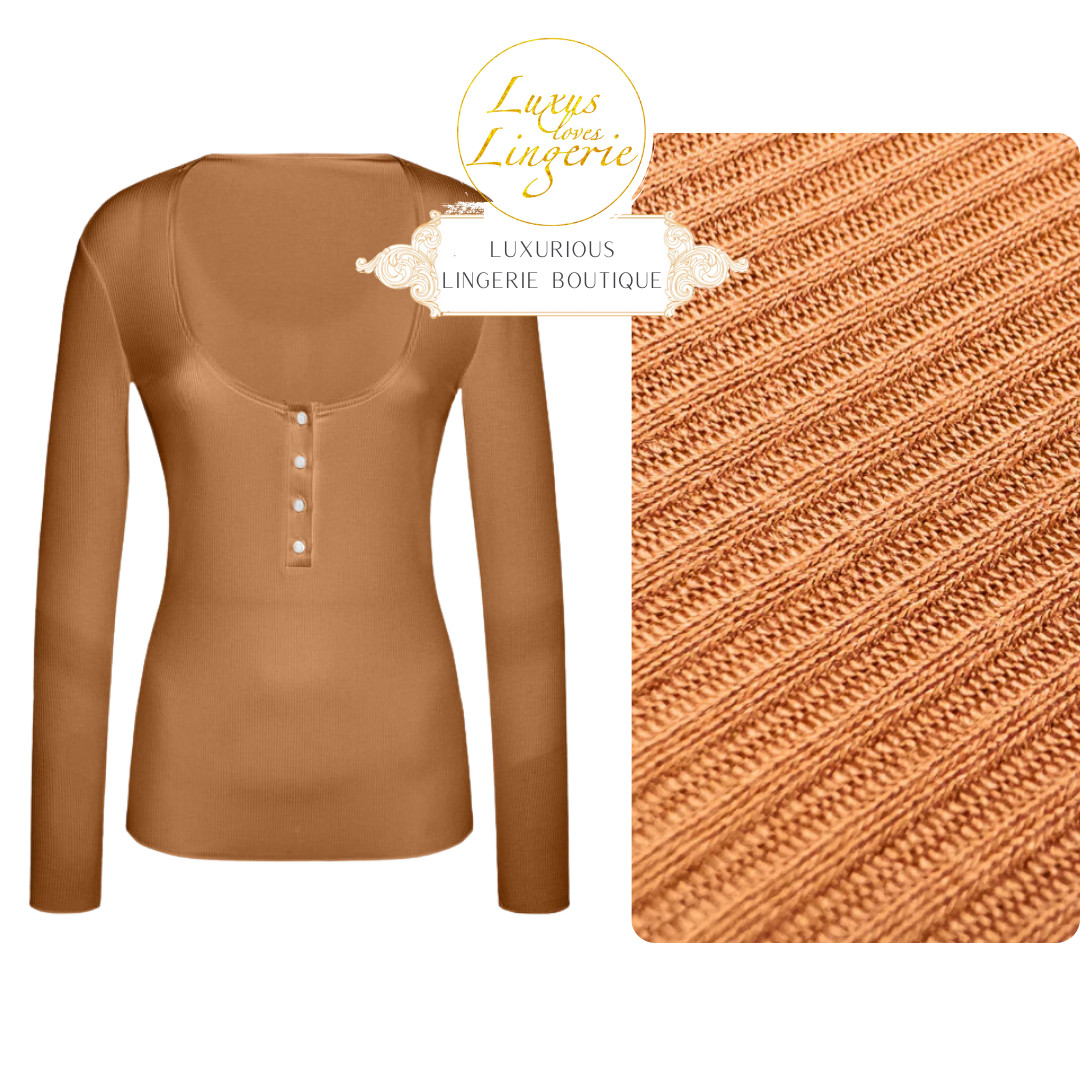 Henley Top Long Sleeves By Wolford XS Lion Brown Ribbed Structure Pullover Shirt