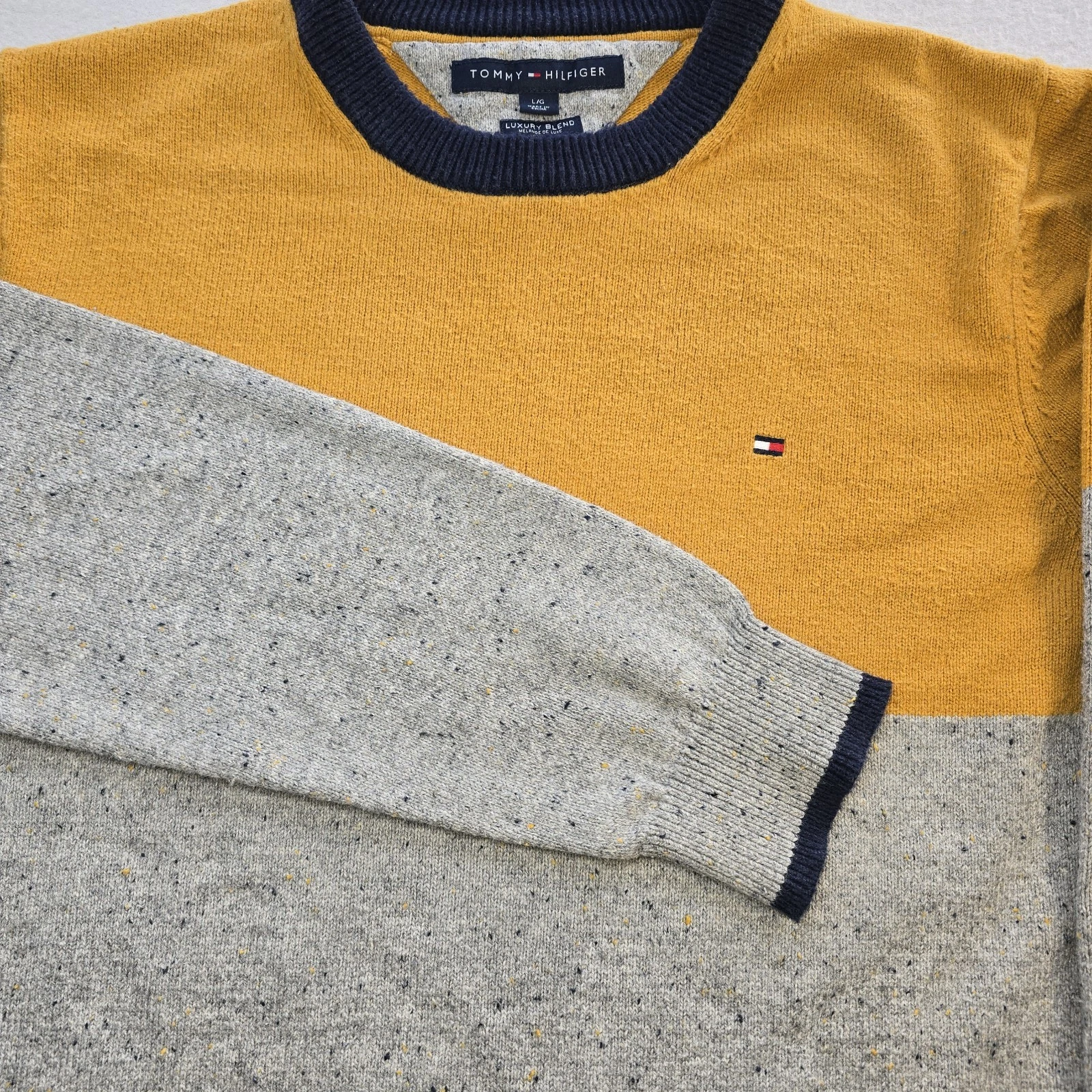 Tommy Hilfiger Luxury Blend Sweater Mens L Yellow Grey Colorblock Preppy Knit