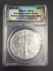 2021 (S) Silver Eagle ANACS MS70 FDI Emergency Issue San Francisco Struck Label