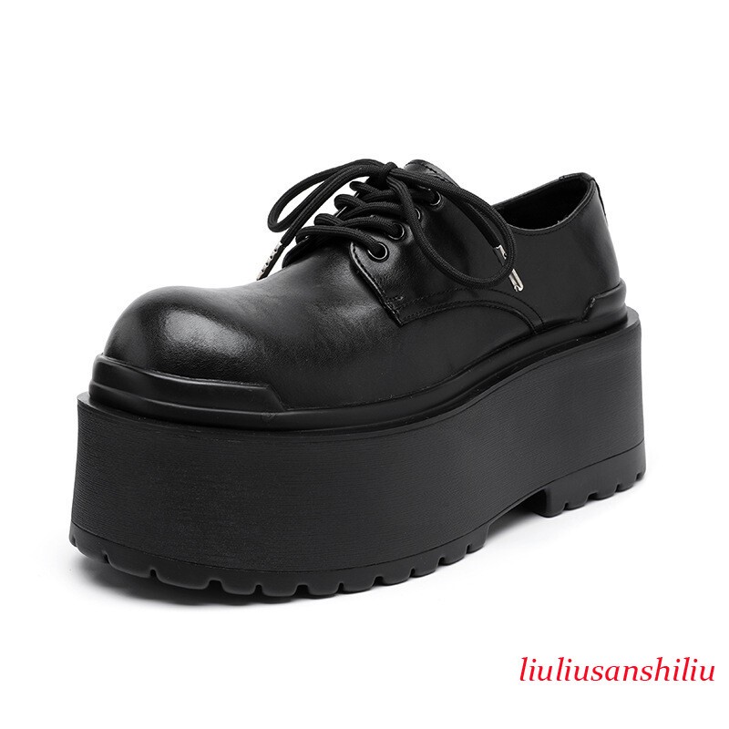 Men's Thick Sole High Platform Wedge Heel Leather Shoes Creepers Women's Spring