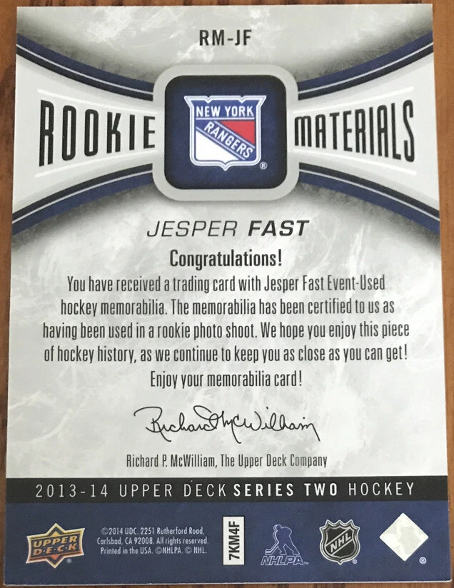2013-14 Upper Deck Rookie Materials Jesper Fast #RM-JF New York Rangers - Image 2 of 2