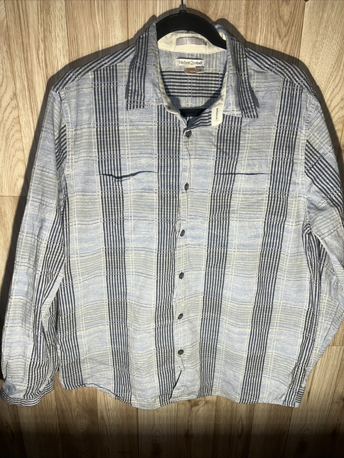 Carbon 2 Cobalt Men’s Medium Blue Grey Checkered Long Sleeve Button Up Shirt