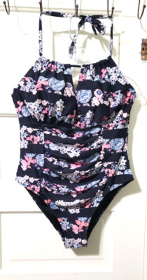 FLASH SALE! Womens Cupshe BOHO 1 Piece Halter Swimsuit XL Gray/Black Pink Floral