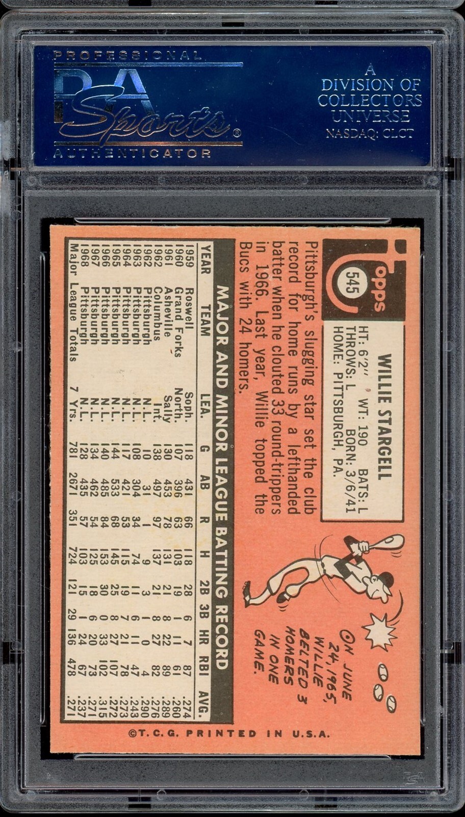 1969 Topps Baseball #545 Willie Stargell PSA 7 view 2