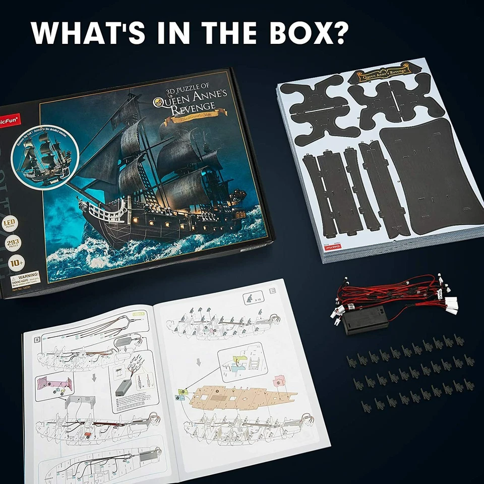 3D Adults Puzzle LED Pirate Ship Large Sailboat Desk Model Kit Gift Queen Anne - Image 4 of 4