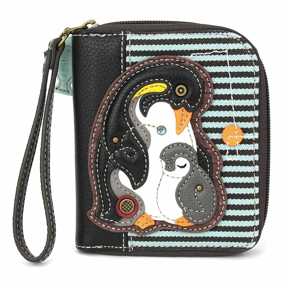 NUEVO ORGANIZADOR CARTERA CHALA AZUL RAYA PINGÜINO PÁJARO Y BEBÉ CREMALLERA